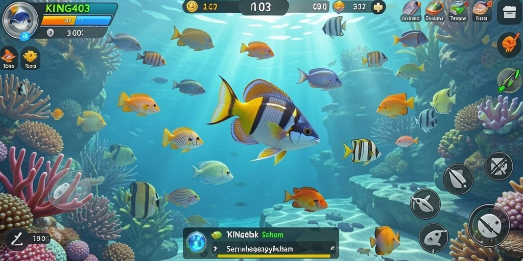 Screenshot KING403 menampilkan aksi menembak ikan yang seru di bawah laut.