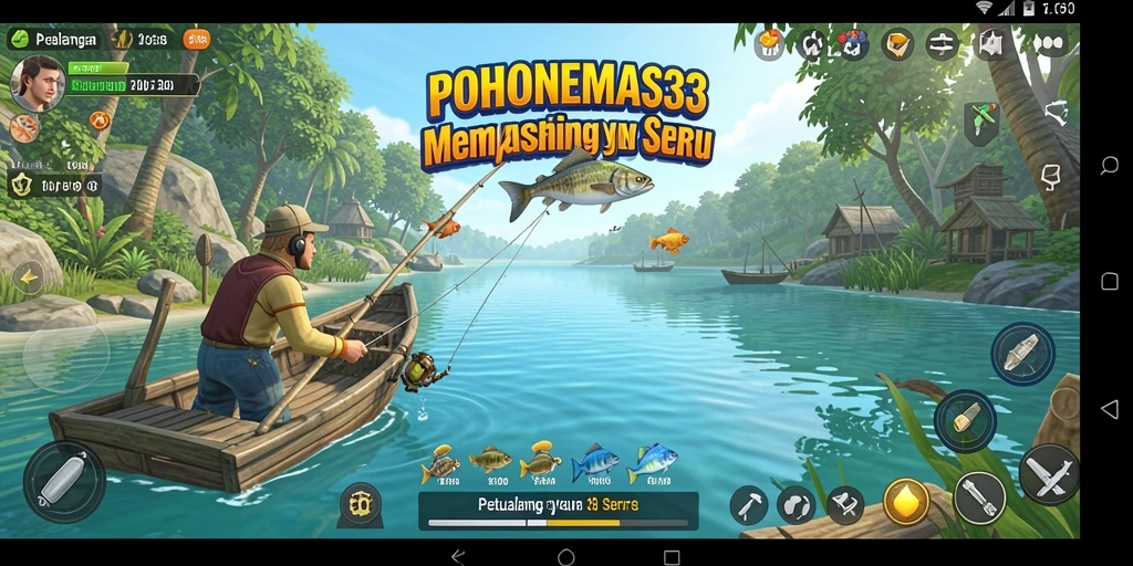 Screenshot gameplay POHONEMAS33 yang menunjukkan aksi memancing di dekat danau.