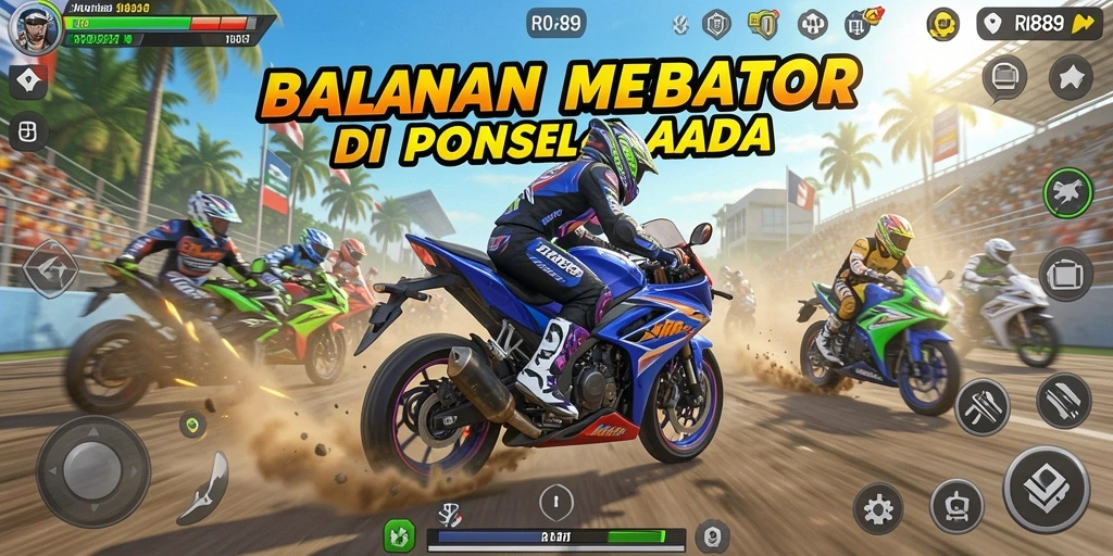 Screenshot menunjukkan balapan motor yang intens dengan grafis menakjubkan.